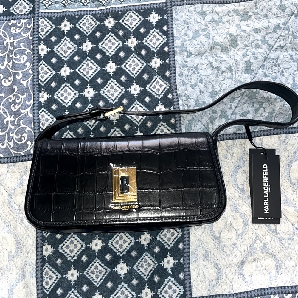 NWT. Karl Lagerfeld Paris black small shoulder leather bag.